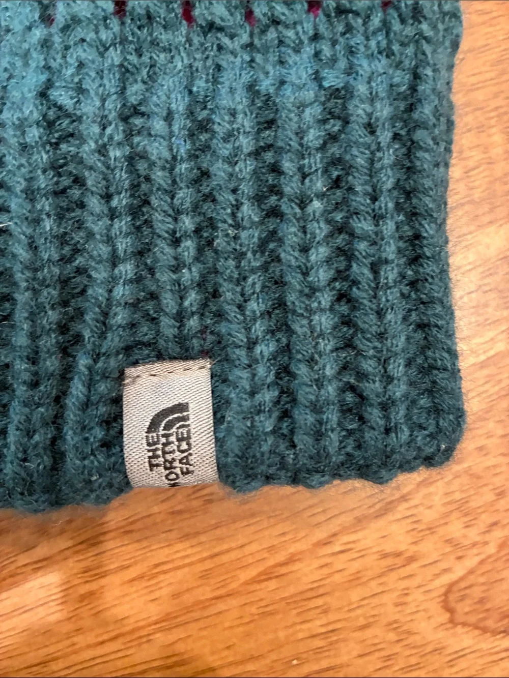 The North Face Teal Knit Beanie with Pink Accents